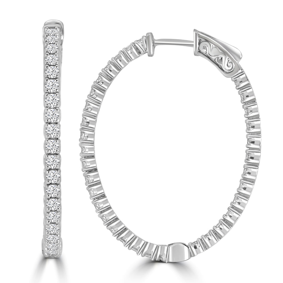 14KW 2.00 Ctw  Inside Out  Diamond Oval Earring Hoop, 1.00