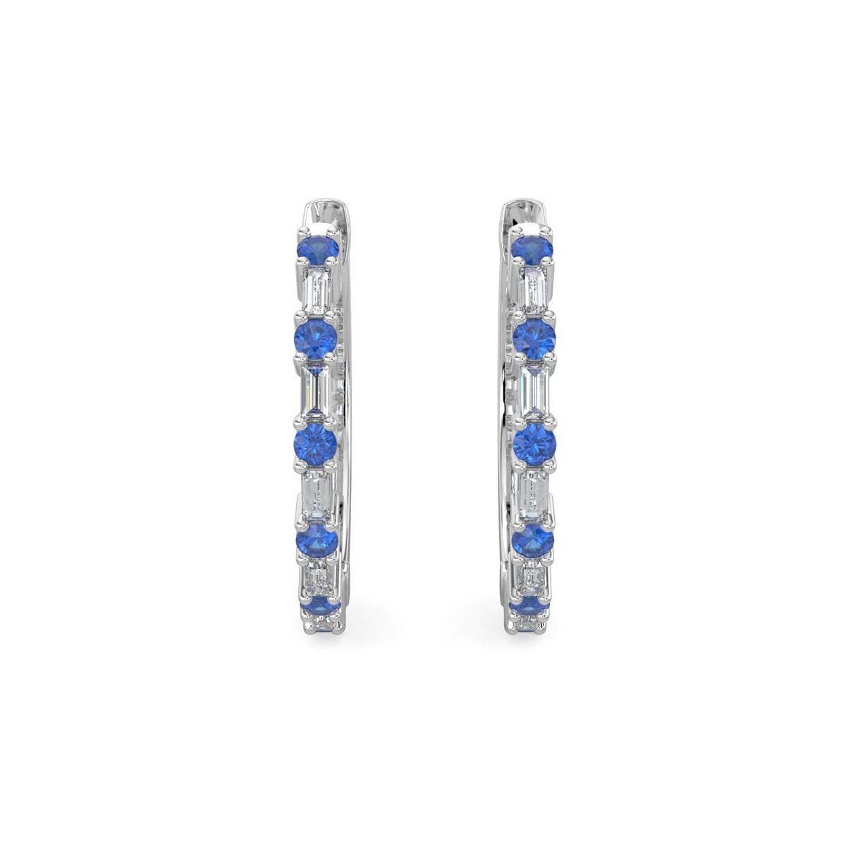 14KW 0.20 Ctw Diamond Dot with Alt Bagguet Sapphire Earring Hoops