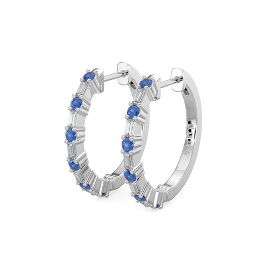 14KW 0.20 Ctw Diamond Dot with Alt Bagguet Sapphire Earring Hoops