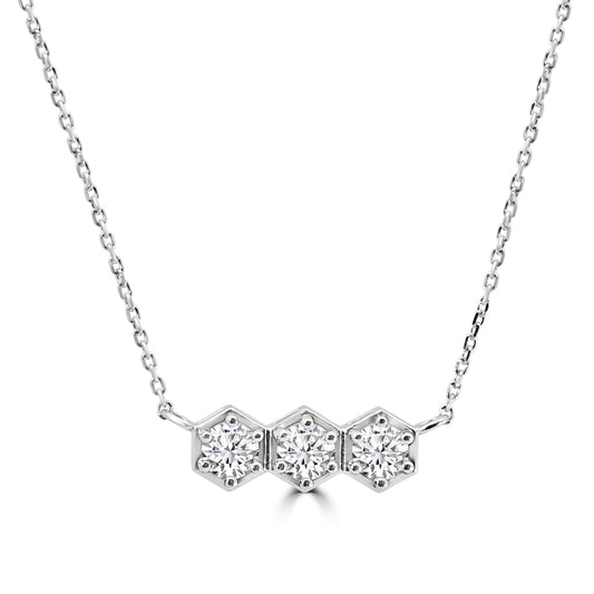 14KW 1.00 Ctw Diamond 3 Stone Hexagon Shape Necklace Prong Setting