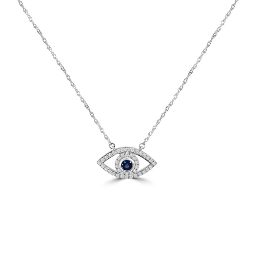 14KW Classic 4 Prong 0.20 Ctw Diamond Evil Eye Necklace with Blue Sapphire 0.15 Ctw with Chain