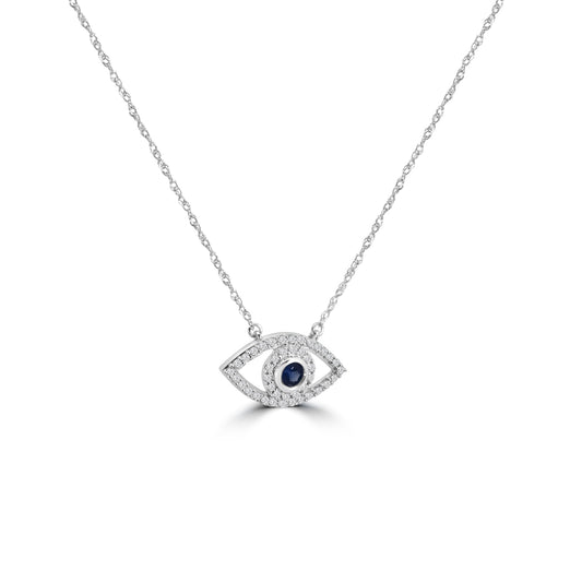 14KW Classic 4 Prong 0.20 Ctw Diamond Evil Eye Necklace with Blue Sapphire 0.15 Ctw with Chain