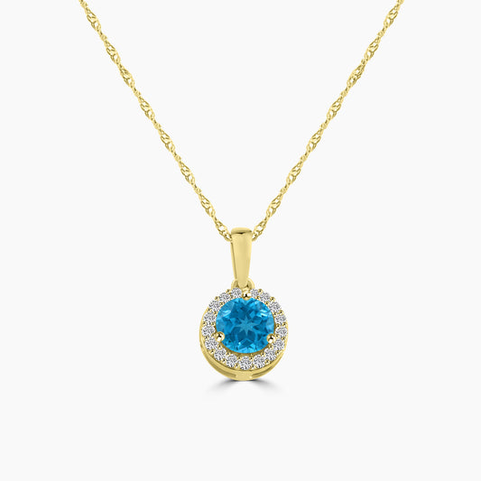 14KY 0.09 Ctw Halo Diamond and Round Blue Topaz Pendant with Chain