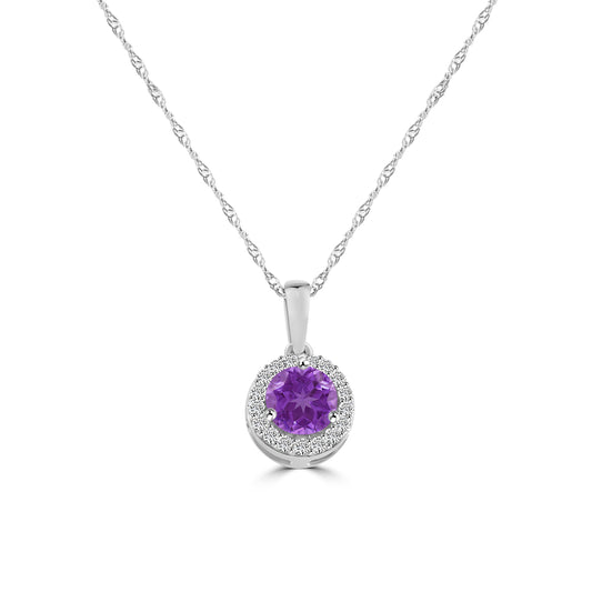 14KW 0.09 Ctw Halo Diamond and Round Amethyst Pendant with Chain