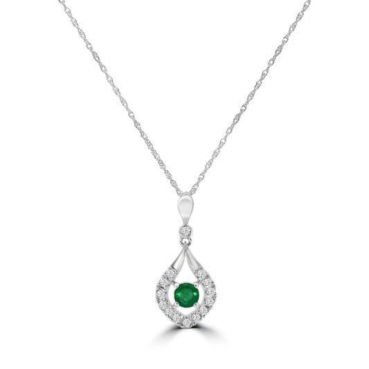 10KW Classic 4 Prong 0.13 Ctw Diamond Fashion Pendant with Center Emerald 0.18 Ctw with Chain