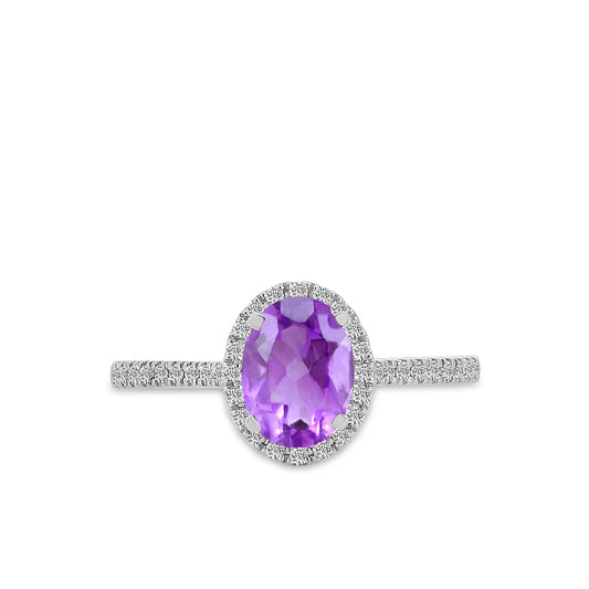 10KW 0.20 Ctw Halo Oval Diamond Ring ( 1.40 Ctw Amethyst Center)