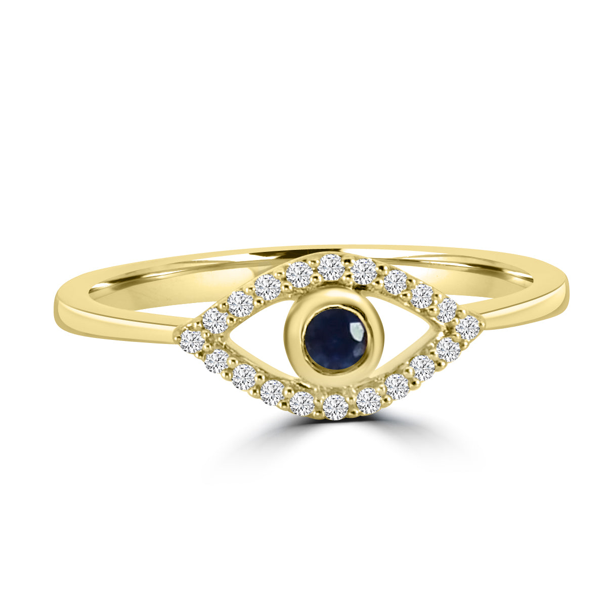 14KY Classic 4 Prong 0.10 Ctw Diamond Evil Eye Ring with Center Sapphire 0.11 Ctw