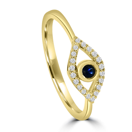 14KY Classic 4 Prong 0.10 Ctw Diamond Evil Eye Ring with Center Sapphire 0.11 Ctw