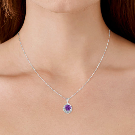 14KW 0.09 Ctw Halo Diamond and Round Amethyst Pendant with Chain