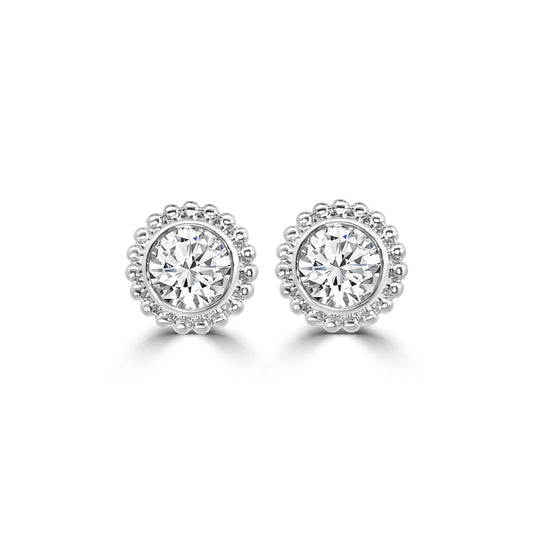 14KW 1.00 Ctw RD Diamond Bezel-Set Beaded Stud with Medium Push Back